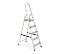 Relaxdays Step Ladder, Folding, Compact, Anti Slip, 150 kg, Rubber Feet, 5 Rungs, Aluminium, Silver, 165 x 45.5 x 85.5 cm
