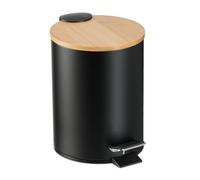 Relaxdays Step Pedal Bin, 3 Litre, Soft-close Bamboo Lid, Removable Inside, Bathroom Cosmetic Waste, Metal, Black, Iron, 23.5 x 17 x 21 cm