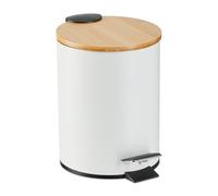 Relaxdays Step Pedal Bin, 3 Litre, Soft-close Bamboo Lid, Removable Inside, Bathroom Cosmetic Waste, Metal, White, Iron, 23.5 x 17 x 21 cm