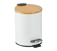 Relaxdays Step Pedal Bin, 3 Litre, Soft-close Mechanism, Removable Inside, Bathroom Cosmetic Waste, Metal, Bamboo, White, Iron, 22.5 x 17 x 23 cm