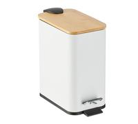 Relaxdays Step Pedal Bin, 5 Litre Capacity, Removable Inside, Square, Bathroom Cosmetic Waste, Metal, Bamboo Lid, White, Iron, 28.5 x 14.5 x 27 cm