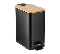 Relaxdays Step Pedal Bin, 5 Litre Capacity, Removable Inside, Square, Bathroom Cosmetic Waste, Metal, Bamboo Lid, Black, Iron, 28.5 x 14.5 x 27 cm