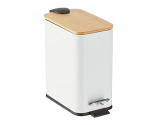 Relaxdays Step Pedal Bin, 5 Litre Capacity, Removable Inside, Square, Bathroom Cosmetic Waste, Metal, Bamboo Lid, White