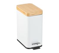 Relaxdays Step Pedal Bin, 5L, Soft-Close Mechanism, Removable Inside, Bathroom Cosmetic Waste, Metal, Bamboo Lid, White, Iron, 29.5 x 14 x 29 cm