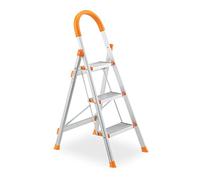 Relaxdays Stepladder, 3 Tread, with Handgrip, Folding Household Ladder, Aluminium, up to 150 kg, Safety, Silver/Orange, 70% 30% Plastic