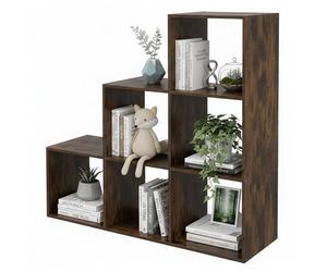 Relaxdays stepped shelf, 6 shelves, HxWxD 97.5 x 97.5 x 29 cm, under-eaves living room bookcase, vintage brown