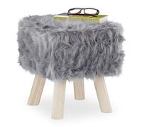 Relaxdays Stool Faux Fur, Decorative Wooden Legs, Side Chair, Seat for Dressing Table, Footrest, HWD: 37x32x32 cm, Grey