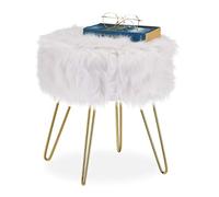 Relaxdays Stool, Faux Fur Round Seat, Elegant Upholstered Pouf, Metal Legs, Modern & Glamorous, HxØ: 40x38cm, White/Gold