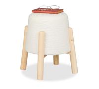 Relaxdays Stool, Faux Teddy Fur, Wooden Legs, HxD: 40 x 30 cm, Lounge & Bedroom Footrest, Round Footstool, White/Natural, Wood, Polyester, Fibreboard