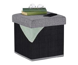 Relaxdays Stool with Storage, Padded, Folding, Bamboo & Fabric, HxWxD: 36 x 35 x 35 cm, Sofa Footstool, Black/Grey