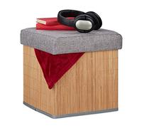 Relaxdays Stool with Storage, Padded, Folding, Bamboo & Fabric, HxWxD: 36 x 35 x 35 cm, Sofa Footstool, Natural/Grey