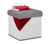 Relaxdays Stool with Storage, Padded, Folding, Bamboo & Fabric, HxWxD: 36 x 35 x 35 cm, Sofa Footstool, White/Grey