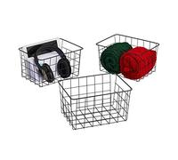 Relaxdays Storage Basket, 3x Set, Organiser, Wire, Metal, Cube, HxWxD: 15.5 x 28 x 20 cm, Office, Kitchen, Black, Iron, 3 items