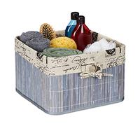 Relaxdays Storage Basket, Bamboo & Polyester, 20 x 31 x 31 cm, Shelf Tidy with Handle Hole, Fabric Lining, Grey/Cream