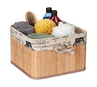 Relaxdays Storage Basket, Bamboo & Polyester, 20 x 31 x 31 cm, Shelf Tidy with Handle Hole, Fabric Lining, Natural/Cream