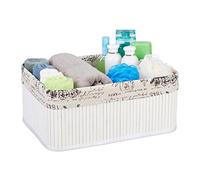 Relaxdays Storage Basket, Fabric Cover with Retro Pattern, Bamboo, Bathroom Organiser, 16.5 x 38 x 28.5 cm, White