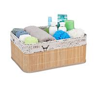 Relaxdays Storage Basket, Fabric Cover with Retro Pattern, Bamboo, Bathroom Organiser, 16.5 x 38 x 28.5 cm, Natural