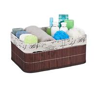 Relaxdays Storage Basket, Fabric Cover with Retro Pattern, Bamboo, Bathroom Organiser, 16.5 x 38 x 28.5 cm, Brown