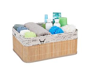 Relaxdays Storage Basket, Fabric Cover with Retro Pattern, Bamboo, Bathroom Organiser, 16.5 x 38 x 28.5 cm, Natural