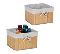 Relaxdays Storage Basket, Set of 2, Bamboo with Fabric Liner, 20x31x31 cm, with Handle, Organiser Box, Bathroom, Natural, 10% Steel 20% Polyester 70%, 2-Set