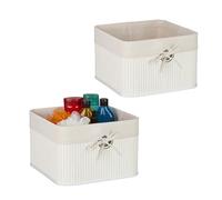 Relaxdays Storage Basket, Set of 2, Bamboo with Fabric Liner, 20x31x31 cm, with Handle, Organiser Box, Bathroom, White