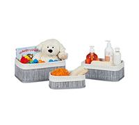 Relaxdays Storage Basket Set of 3, Fabric Lining, Bamboo, Rectangular, Bathroom Accessories, Toys, Grey, 12.5 x 30 x 20 cm