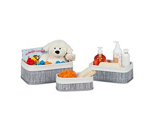 Relaxdays Storage Basket Set of 3, Fabric Lining, Bamboo, Rectangular, Bathroom Accessories, Toys, Grey