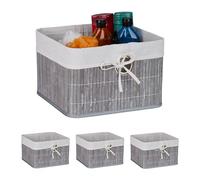 Relaxdays Storage Basket, Set of 4, Bamboo with Fabric Liner, 20x31x31 cm, with Handle, Organiser Box, Bathroom, Grey, 20% Polyester 70% 10% Steel