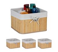 Relaxdays Storage Basket, Set of 4, Bamboo with Fabric Liner, 20x31x31 cm, with Handle, Organiser Box, Bathroom, Natural, 70% 20% Polyester 10% Steel