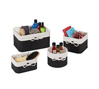 Relaxdays Storage Basket Set of 4, Fabric Lining, Bamboo, Shelf Organiser in Different Shapes and Sizes, Black/Creme, 17 x 33 x 23 cm