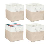 Relaxdays Storage Basket, Set of 4, Linen, with Rope Handles, 28x28x28 cm, for Clothes and Toys, Shelf Box, Beige/White