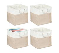 Relaxdays Storage Basket, Set of 4, Linen, with Rope Handles, 33x33x33 cm, for Clothes and Toys, Shelf Box, Beige/White