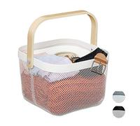 Relaxdays Storage Basket, with Handle, Clothes, Deco, Steel & Wood, Utensil Basket, HBT: 17.5 x 26 x 24.5 cm, White