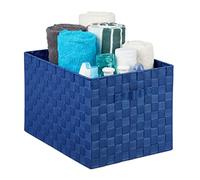 Relaxdays Storage Basket with Handle, Plastic, Braided Look, HxWxD 26 x 40 x 30 cm, Bathroom, Decorative Box, Blue
