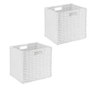 Relaxdays Storage Baskets, Set of 2, Wicker Design, Folding Cubes, 31x32x30 cm, Shelf Organiser Boxes, Plastic, White, Iron