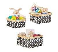 Relaxdays Storage Baskets Set of 3, All Purpose, Bamboo, Waterproof, Stackable, Natural, Wicker Look, Square, Black-White