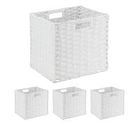 Relaxdays Storage Baskets, Set of 4, Wicker Design, Folding Cubes, 31x32x30 cm, Shelf Organiser Boxes, Plastic, White, Iron
