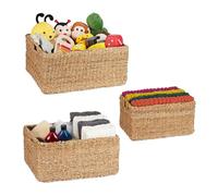 Relaxdays Storage Box, Seagrass, Set of 3, Baskets in 3 Sizes, Bathroom & Nursery Storage, Rectangular Baskets, Natural