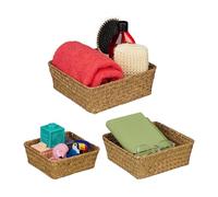 Relaxdays Storage Box, Seagrass, Set of 3, Baskets in 3 Sizes, Bathroom & Nursery Storage, Square Woven Baskets, Natural