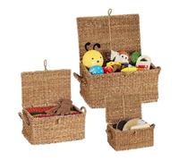 Relaxdays Storage Box, Set of 3, Round Basket with Lid, Bathroom Organiser, 3 Different Sizes, Seagrass, Brown/White
