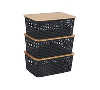 Relaxdays Storage Box Set of 3 with Lid, Plastic & Bamboo, Handles, 10.5x25.5x18 cm, Black Organizer