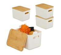 Relaxdays Storage Box Set of 4 with Bamboo Lids, Handles, Plastic Organizer, 16x26x17.5 cm, White
