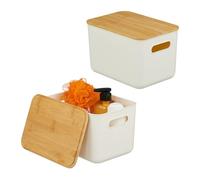 Relaxdays Storage Box Set, Plastic & Bamboo Organizer with Lid, Handles, 16x26x17.5 cm, White