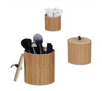 Relaxdays Storage Box with Lid, Round, Set of 3 in Various Sizes, for Brushes & Cosmetics, Organiser, Bamboo, Natural, 14 x 11 x 11 cm