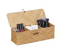 Relaxdays Storage Box, with Lid, Seagrass, 3 Compartments, Versatile Storage, HxWxD: 11 x 33 x 12.5 cm, Basket, Natural
