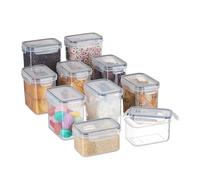 Relaxdays Storage Boxes with Lid, Set of 10, Airtight Jars, 2000/1400 / 800 ml Volume, Kitchen Containers, Transparent, 20.5 x 15.5 x 10.5 cm