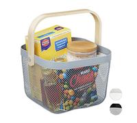 Relaxdays Storage, Handle, Clothes, Deco, Utensil Basket, HBT: 17.5 x 26 x 24.5 cm, Grey, Steel, Wood, 17.5 x 24.5 x 26 cm