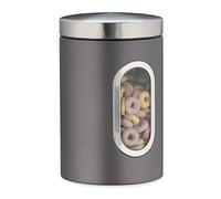 Relaxdays Storage jar, with lid & viewing window, 1.4 l, for coffee, flour, pasta, kitchen storage box, plastic/metal, grey, 17 x 11 x 11 cm
