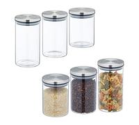 Relaxdays Storage Jars in Set of 6, in 3 Sizes, Stainless Steel Airtight Lids, Store Dry Food, Glass, Transparent/Silver, 18 x 10 cm