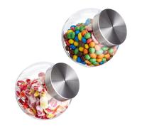 Relaxdays Storage Jars, Set of 2, 1.5 L, Containers for Sweets & Candy, Stainless Steel Lids, Pantry & Kitchen, Clear, Plastic, Glass